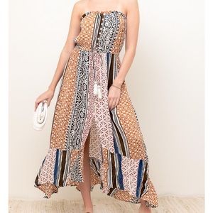 Strapless button up maxi dress with elastic tassel tie waist from Juniper Blu